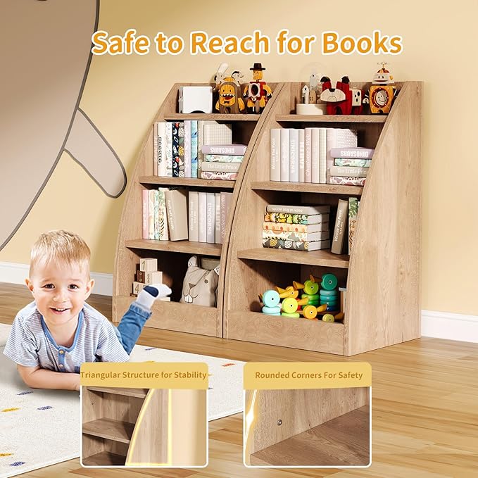 Kids Bookshelf,4 Tier Kid Book Shelf for Kids Rooms,Wood Children Bookcase,Baby Storage Books Rack,Toddler Bookshelf, Book and Toy Organizer,Books Display Shelf for Bedroom, Playroom, Nursery