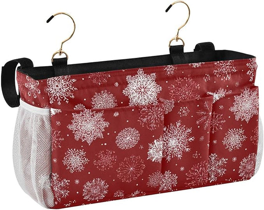 CuwrYet Bedside Caddy Hanging Bunk Bed Caddy Bed Organizer Hanging Pocket with 2 Hooks Bedside Storage Organizer Pocket Bag Holder Red Christmas Snowflakes