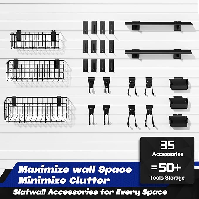 35-Piece Metal Slatwall Accessories Set for Garage Storage, Includes Wire Baskets, Heavy-Duty Hooks, Shelves & Bins, Fits Standard Slatwall Panels