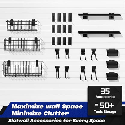 35-Piece Metal Slatwall Accessories Set for Garage Storage, Includes Wire Baskets, Heavy-Duty Hooks, Shelves & Bins, Fits Standard Slatwall Panels