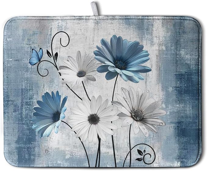 Dish Drying Mat for Kitchen Counter 18x24 Inch Blue Grey Daisy Drying Pads Rustic Vintage Floral Dish Dry Mat Microfiber Absorbent Farmhouse Dish Drainer Mat Flowers Dish Drainer Rack Mat