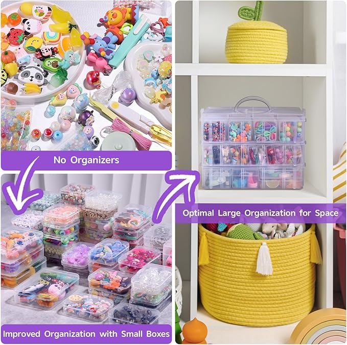 Funtopia Bead Organizers and Storage, 56 Pcs Small Plastic Containers with Lids and 3-Tier Stackable Storage Box, Mini Clear Organizers for Jewelry Toys Craft Storage (4 Sizes)