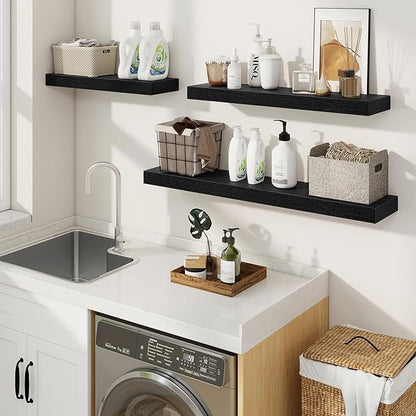 fuqing Floating Shelves for Wall, Wall Mounted Wood Floating Shelf with Invisible Brackets for Living Room, Bathroom, Bedroom, Kitchen Storage and Decor, 40 Inch Set of 2, Black