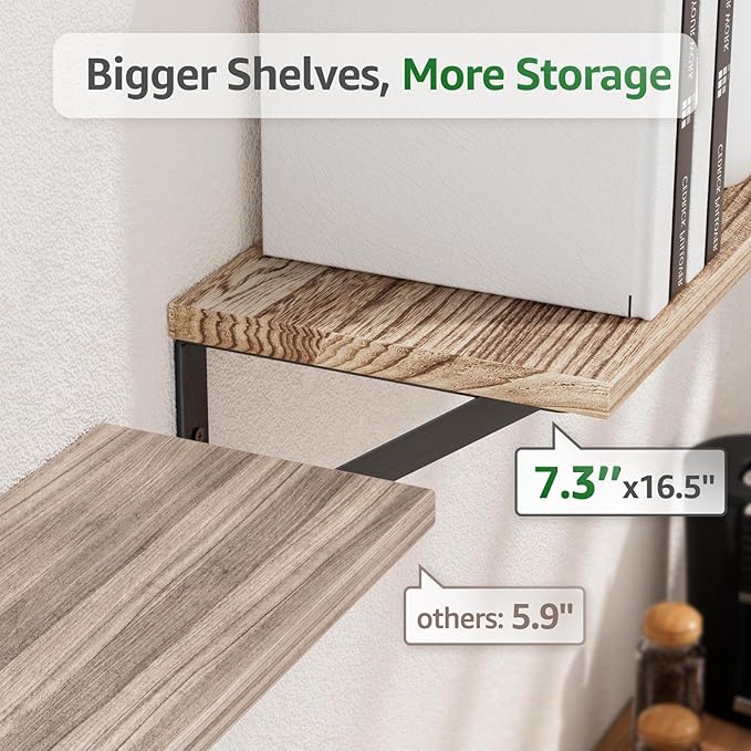 Wall Shelves 7.3" Deep Set of 3, Solid Paulownia Wood Wider Longer Sturdy Easy to Install Wall Mounted Bookshelves Storage Shelves Bathroom Home Office Laundry Room Bedroom Organizer