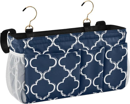 CuwrYet Bedside Caddy Hanging Bunk Bed Caddy Bed Organizer Hanging Pocket with 2 Hooks Bedside Storage Organizer Pocket Bag Holder Navy Blue Geometric Quatrefoil
