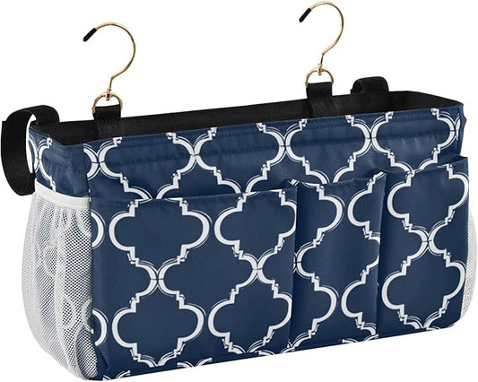 CuwrYet Bedside Caddy Hanging Bunk Bed Caddy Bed Organizer Hanging Pocket with 2 Hooks Bedside Storage Organizer Pocket Bag Holder Navy Blue Geometric Quatrefoil