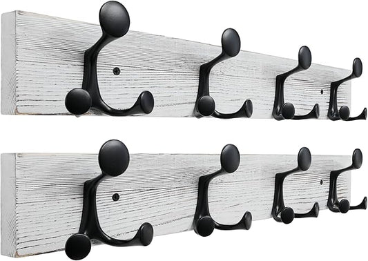 SKOLOO 24-Inch Wood Coat Rack Wall Mount with 4 Triple Hooks - Ideal for Family Entrances, Classrooms, and Pet Supplies Storage - Perfect Coat Hooks for Wall,Distressed White Wash, Pack of 2