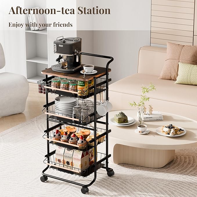 5-Tier Kitchen Organizer and Storage Cart, with Pull-Out Baskets and Wood Top, Rolling Pantry Kitchen Cart, for Fruit Potato Onion Vegetable Snack Produce, Black