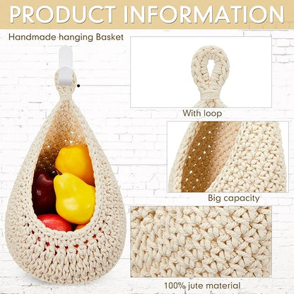 Honeydak Hanging Wall Basket Teardrop Hanging Baskets Onion Basket Coat Bohemian Storage Fruit Wall Hooks for Kitchen Wall Home Restaurant Storage Vegetable, 3 Sizes(White)