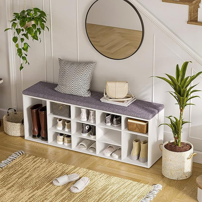 DINZI LVJ Shoe Storage Bench with Cushion, 15-Cubby Shoe Rack, Adjustable Shelves, Long Shoe Organizer Bench for Entryway, Mudroom, Hallway, Living Room, Bedroom and Garage, White