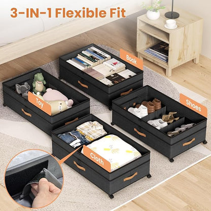Mqaue Under Bed Storage with Wheels, 72L XXL Under the Bed Storage Containers Large, 10‘’ Tall Adjustable Storage for Underbed with Lids, Rolling for Shoes, Clothes, Blankets, Black