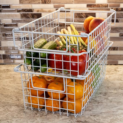 Home-Complete 2 pcs 16"x9" Medium Stackable Wire Baskets, Organizer Stacking Storage Bins for Shelf, Pantry, Kitchen, Cabinets, can also be used in Chest Freezers (White)