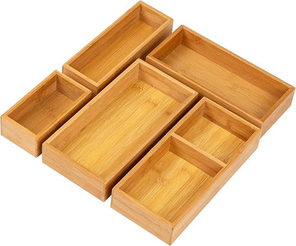 Mind Reader 5-Piece Bamboo Drawer Organizer Set, Stackable Storage Trays for Kitchen, Bathroom, Office, Makeup & Jewelry, Rayon from Bamboo, Brown