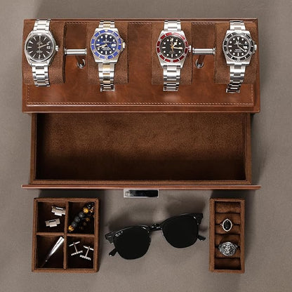 ROTHWELL Luxury Watch Display Case for 4 Watches – Leather Watch Box with Acrylic Cover and Removable Slide in Cushions – Accessory Drawer with Multiple Configurations (Tan/Brown)