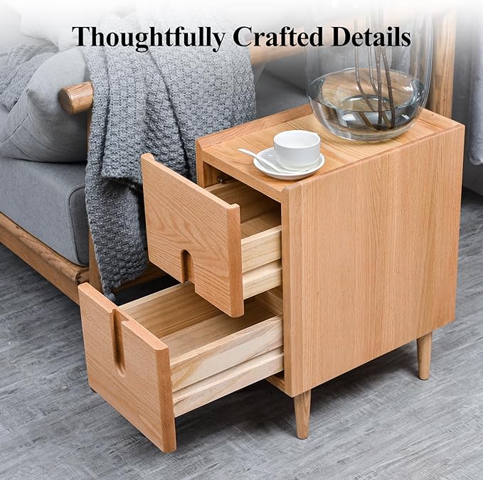 Cttasty Mid Century Modern Nightstand, Narrow Nightstand, Minimalist Side Table for Bedroom, 2-Drawer Bedside Tables, (Natural, 9.84inches)