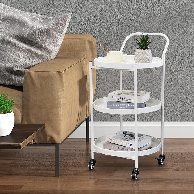 TRIROCKS 18 * 31" H Round Gold 3-Tier Rolling Bar Cart with Wheels Elegant Metal Frame Serving Cart for Kitchen, Dining Room, or Living Room Display and Storage (White)