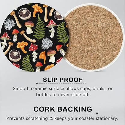 Mushrooms Coasters for Drinks Absorbent with Holder,Spring Leaves Sets of 6 Durable Cup Coaster for Coffee Table Protection,Great Housewarming Birthday Gifts,Home Decor