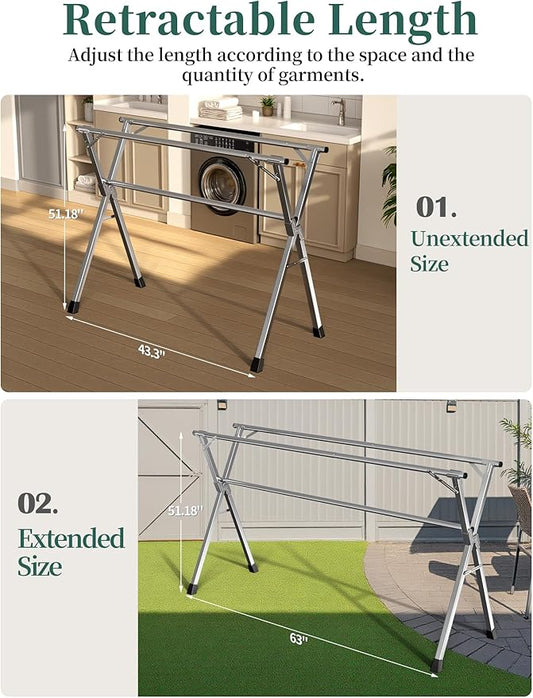 63 Inches Heavy - Duty Stainless Steel Folding Clothes Drying Rack Clothing Indoor Outdoor Anti-Rust 20 Windproof Hooks Portable & Foldable Laundry Rack (63'')