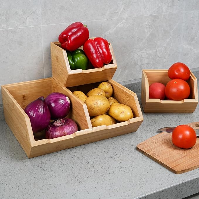 Bamboo Pantry Storage Bins, Stackable Potato and Onion Storage, Pantry Produce Organizer for Fruit and Vegetable