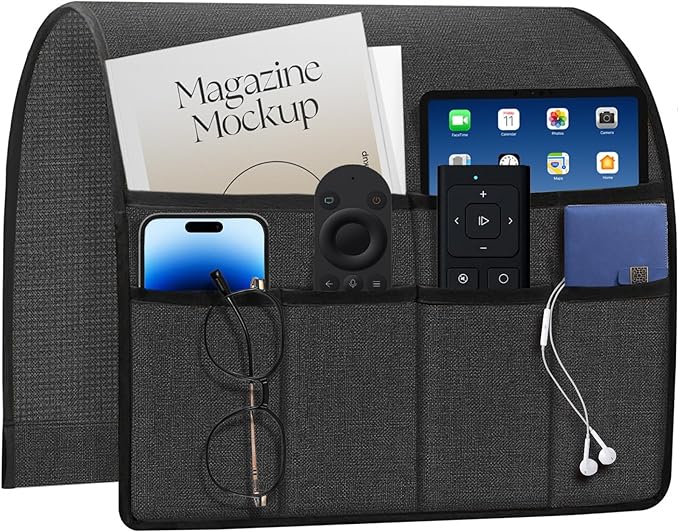 HAPLIFEZ Remote Holder for Recliner Armchair & Couch, Non Slip Sofa Armrest Organizer Caddy with 6 Pockets Thick Linen Fabric Storage for Tablet, Phone, iPad, Magazine, 19x35 Inches, Grey