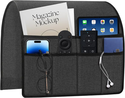 HAPLIFEZ Remote Holder for Recliner Armchair & Couch, Non Slip Sofa Armrest Organizer Caddy with 6 Pockets Thick Linen Fabric Storage for Tablet, Phone, iPad, Magazine, 19x35 Inches, Grey