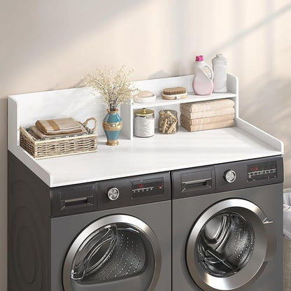 Washer Dryer Countertop, White - 2-Tier Wood 54" x 27.5" Laundry Topper with Safety Guard & Non-Slip Pads, Over The Washer Dryer Folding Shelf for Maximum Space Saving & Organization