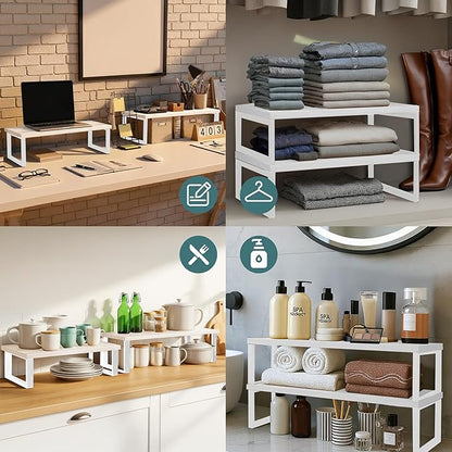 Sben Cabinet Organizer Shelf, Set of 2 Kitchen Counter Shelves, Kitchen Storage, Spice Rack, Stackable, Expandable, Metal and Engineered Wood, White