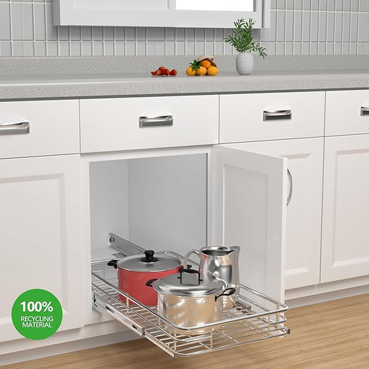 Cabinet Pull Out Shelves (14" W x 21" D), Heavy-Duty Pull Out Shelves for Kitchen Cabinets, Chrome-Plated Steel Slide Out Shelf
