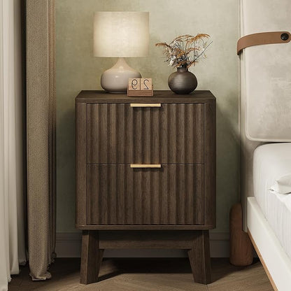TROJM Fluted Nightstand,Modern End Table with Metal Handle,2 Storage Drawers Side Table,Bedside Table for Bedroom,Wood Nightstands,Curved Profile Design Furnitue,Walnut