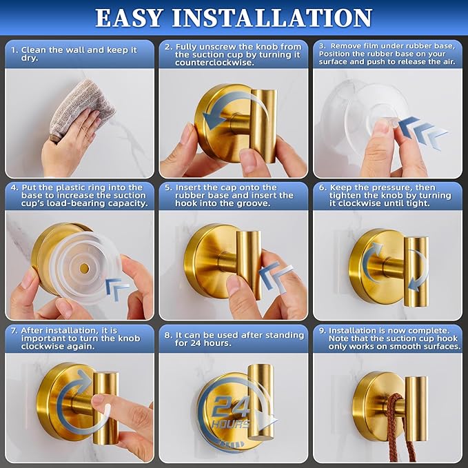 warlve Heavy Duty Reusable Suction Cup Hooks for Shower - No Drill Bathroom/Glass/Mirror/Tiles & Metal Surfaces,and Smooth Non-Porous Surfaces for Towels, Robes, Loofahs (4, Brushed Gold)