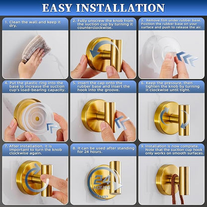warlve Heavy Duty Reusable Suction Cup Hooks for Shower - No Drill Bathroom/Glass/Mirror/Tiles & Metal Surfaces,and Smooth Non-Porous Surfaces for Towels, Robes, Loofahs (4, Brushed Gold)