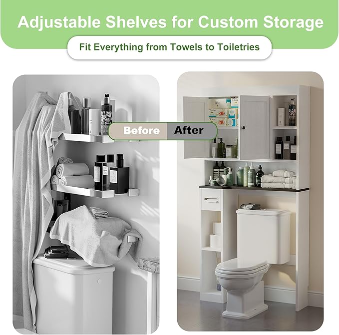 Nivisre Over The Toilet Storage Cabinet with 7 Shelves, Imitation Walnut Grain Above Toilet Bathroom Organizer with Toilet Paper Holder Stand, Space Saver for Restroom, Bathroom, Laundry (White)