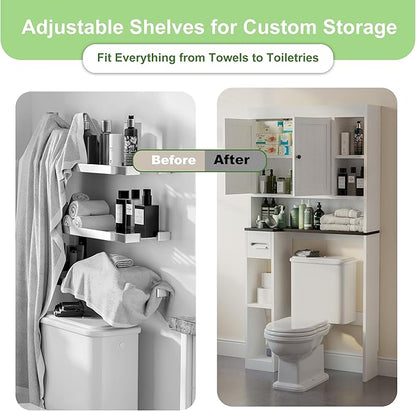 Nivisre Over The Toilet Storage Cabinet with 7 Shelves, Imitation Walnut Grain Above Toilet Bathroom Organizer with Toilet Paper Holder Stand, Space Saver for Restroom, Bathroom, Laundry (White)