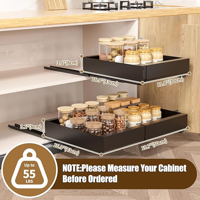KLKE Pull Out Cabinet Organizer, Width Expandable (11.7"-19.7") Heavy Duty Slide Out Drawers Fixed with Adhesive Nano Film for Pots, Roll Out Shelf Storage For Kitchen,Pantry,Garage,Bathroom Storage