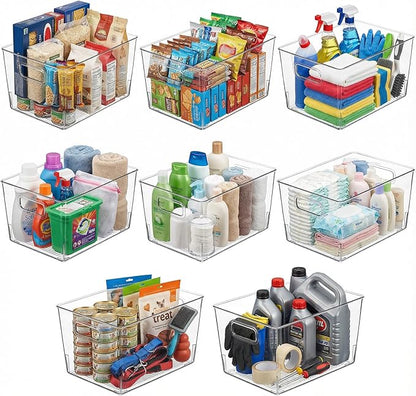 MOONEDGE Large Clear Plastic Storage Bins 8 Pack, 12" x 8" x 6" Durable Organizers for Pantry, Kitchen, Garage, Closet, Laundry Room & Office, Food Safe, Easy to Clean, Complete Home Storage Solution