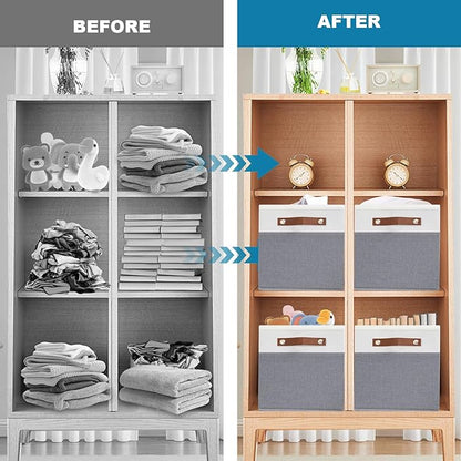 6 Pack Fabric Storage Baskets for Shelves, Closet Storage Bins for Shelves, Fabric Baskets for Organizing with Handles for Home and Office (White with Grey,15"L*10.2"W*9"H)