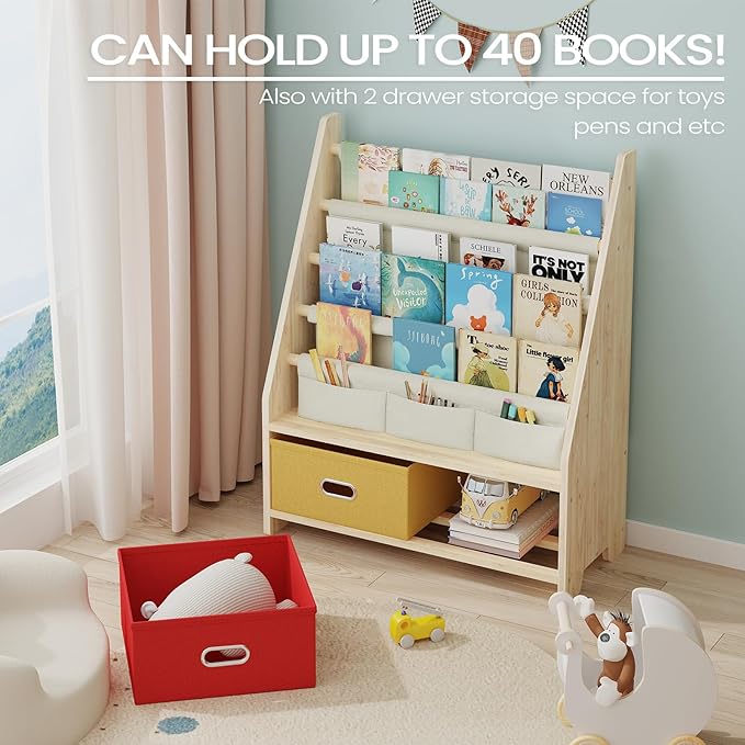 4 Tier Kids Book Shelf, Wooden Kids Book Rack Storage Bookshelf with Toy Storage Organizer, Toddler Sling Bookshelf for Boys, Girls, Play Room, Nursery, Red/Yellow