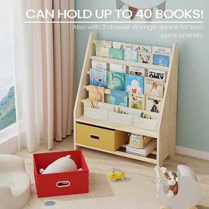 4 Tier Kids Book Shelf, Wooden Kids Book Rack Storage Bookshelf with Toy Storage Organizer, Toddler Sling Bookshelf for Boys, Girls, Play Room, Nursery, Red/Yellow