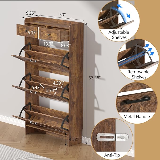 Shoe Cabinet with 3 Flip Drawers & 2 Storage Drawers, Rustic Farmhouse Narrow Shoe Organizer Cabinet, Slim Shoe Rack Cabinet, Shoe Storage Cabinet for Entryway, Hallway, Front Door