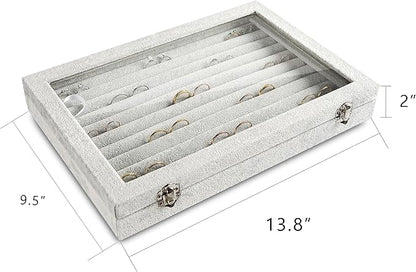 Frebeauty Rings/Earrings Organizer Tray with Clear Lid 10 Slots Velvet Drawer Insert Jewelry Storage box with Glass lid Jewelry Display Case Showcase Gift for Girls Women (Grey, 10 Slots)