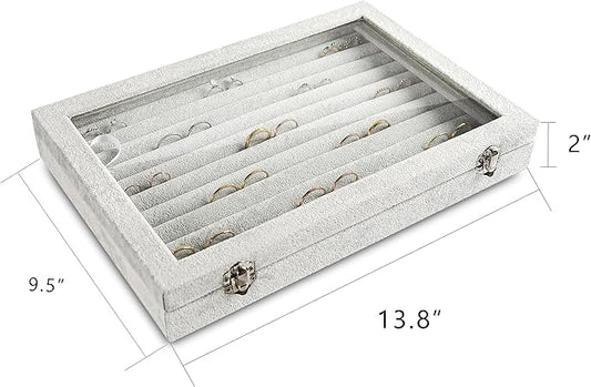 Frebeauty Rings/Earrings Organizer Tray with Clear Lid 10 Slots Velvet Drawer Insert Jewelry Storage box with Glass lid Jewelry Display Case Showcase Gift for Girls Women (Grey, 10 Slots)