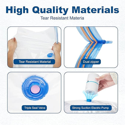 HOUSE DAY 30 Pack Vacuum Storage Bags with Electric Pump, 4 Sizes + 2 Roll-Up (5 Each), Space Saver Vacuum Seal Bags for Clothing, Bedding, Pillows, Travel – Airtight Seal, Reusable & Durable