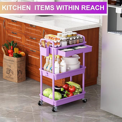 Goovilla 3 Tier Rolling Utility Cart Organizer with Removable Drawer, Stable and Sturdy Purple Rolling Storage Carts with 2 Lockable Wheels for Bathroom, Kitchen, Snack, Craft, Makeup, Baby Essentials