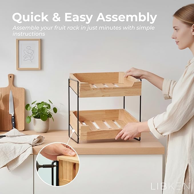 2-Tier Fruit Basket Countertop Organizer – Rubberwood & Metal Fruit Stand – Minimal Scandinavian Design Storage for Fruits, Vegetables, Bread & Snacks – Airflow Design, Easy Assembly