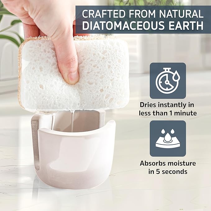 MOPHONICHOME Sponge Holder, Stone Sponge Holder for Kitchen Sink - Diatomite Kitchen Sink Caddy, Quick Dry, Super Absorbent, Modern Design, Cream