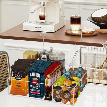 Coffee Station Organizer for Countertop, Removable Dividers Coffee Bar Accessories for Storage Sugar Packets Tea Bags, Clear
