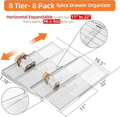PanPanPal 8 Packs Spice Drawer Organizer, 2-Tier Acrylic Drawer Seasoning Organizer, Expandable From 11'' to 22'' Kitchen Spice Rack Organizers and Storage for Drawer (Jars not included), Clear