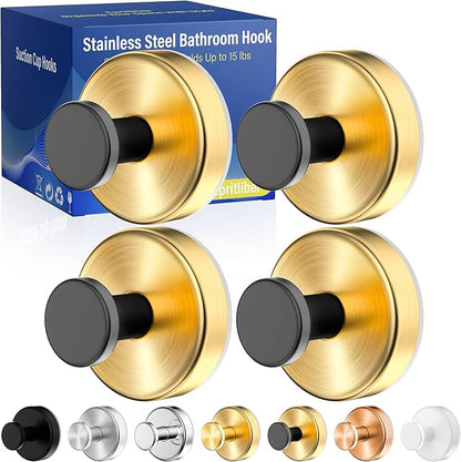 Epritliber Suction Cup Hooks for Shower,Wreath Hanger for Front Door,Removable No Drill Towel Loofah Hooks,Upgraded 15 lbs Strong Suction for Bathroom,Wall,Glass,Stainless Waterproof-Black Gold 4 Pcs