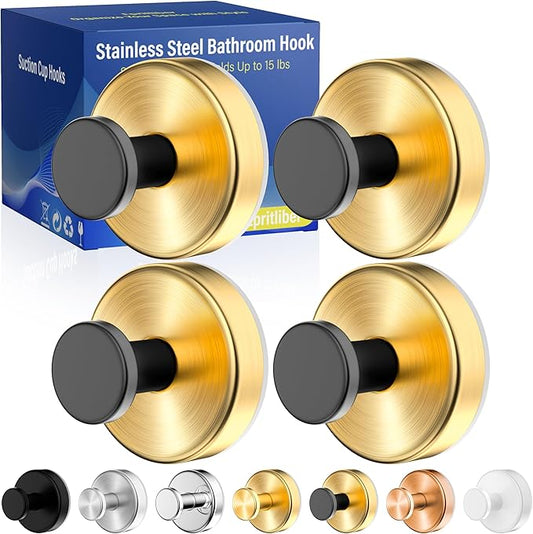 Epritliber Suction Cup Hooks for Shower,Wreath Hanger for Front Door,Removable No Drill Towel Loofah Hooks,Upgraded 15 lbs Strong Suction for Bathroom,Wall,Glass,Stainless Waterproof-Black Gold 4 Pcs