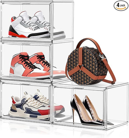 EZJOB 4 Pack X-Large Shoe Boxes Clear Plastic Stackable Storage Box Size 14 Thicken Sneaker Shoes Containers with Magnetic Door Acrylic Display Case Organizer for Closet